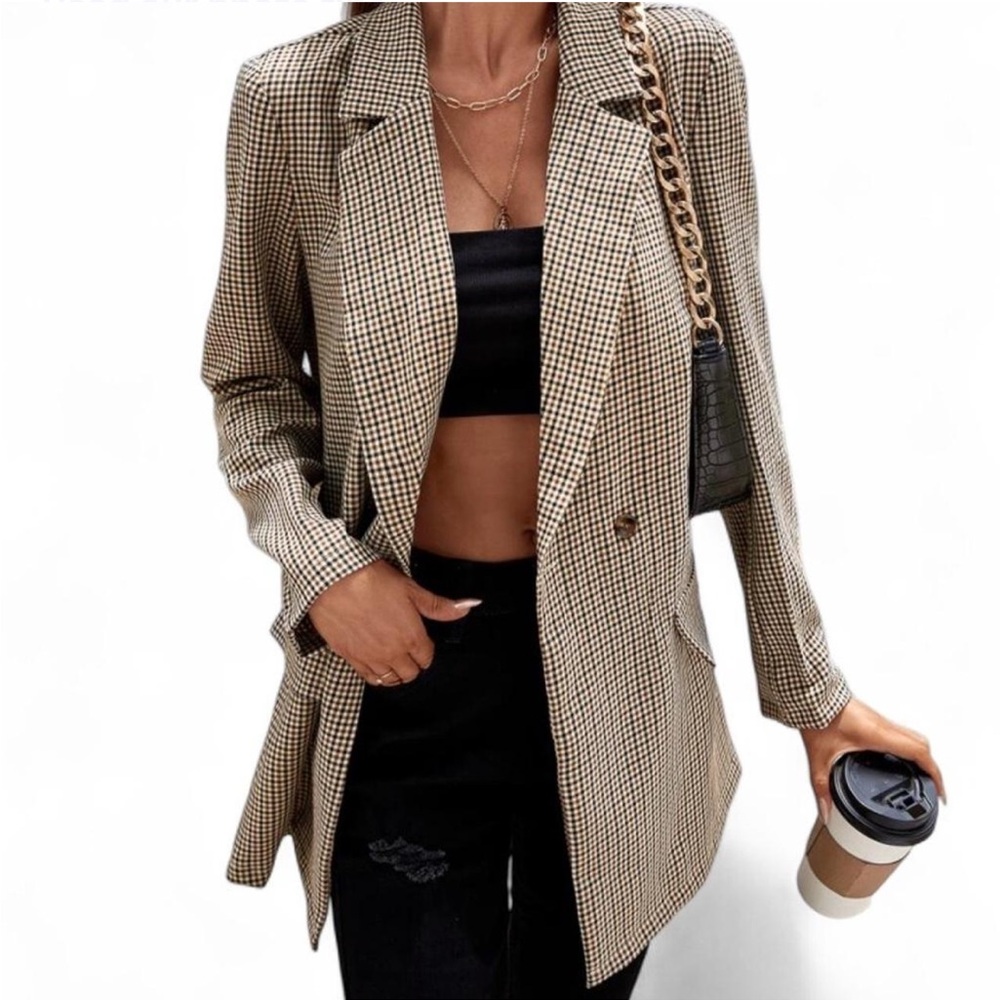 Checked Houndstooth Longline Blazer - Brown/Black